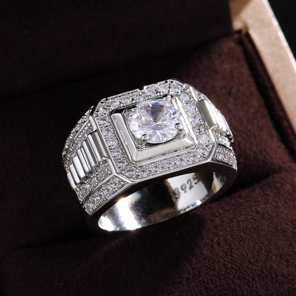 💎Fever Square Glitter Zircon Silver Chunky Wedding Rings for Man, PD663